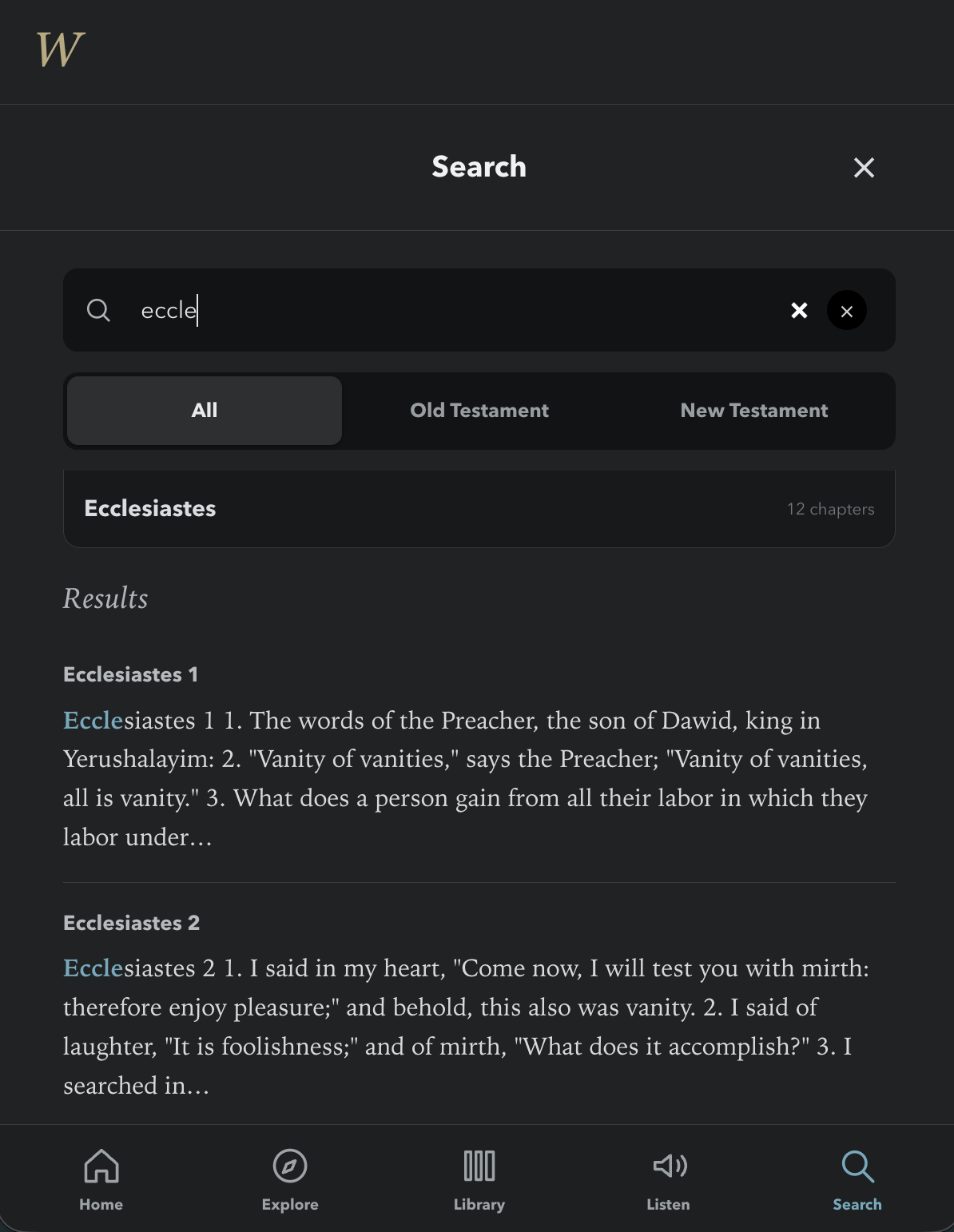 Bible with Original Names mobile reader screen